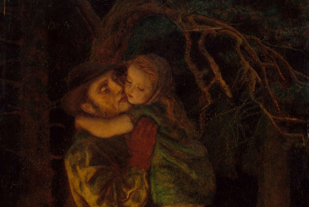 Father embracing daughter in a forest, illustrating themes of attachment and intimate relationships in the context of trauma.
