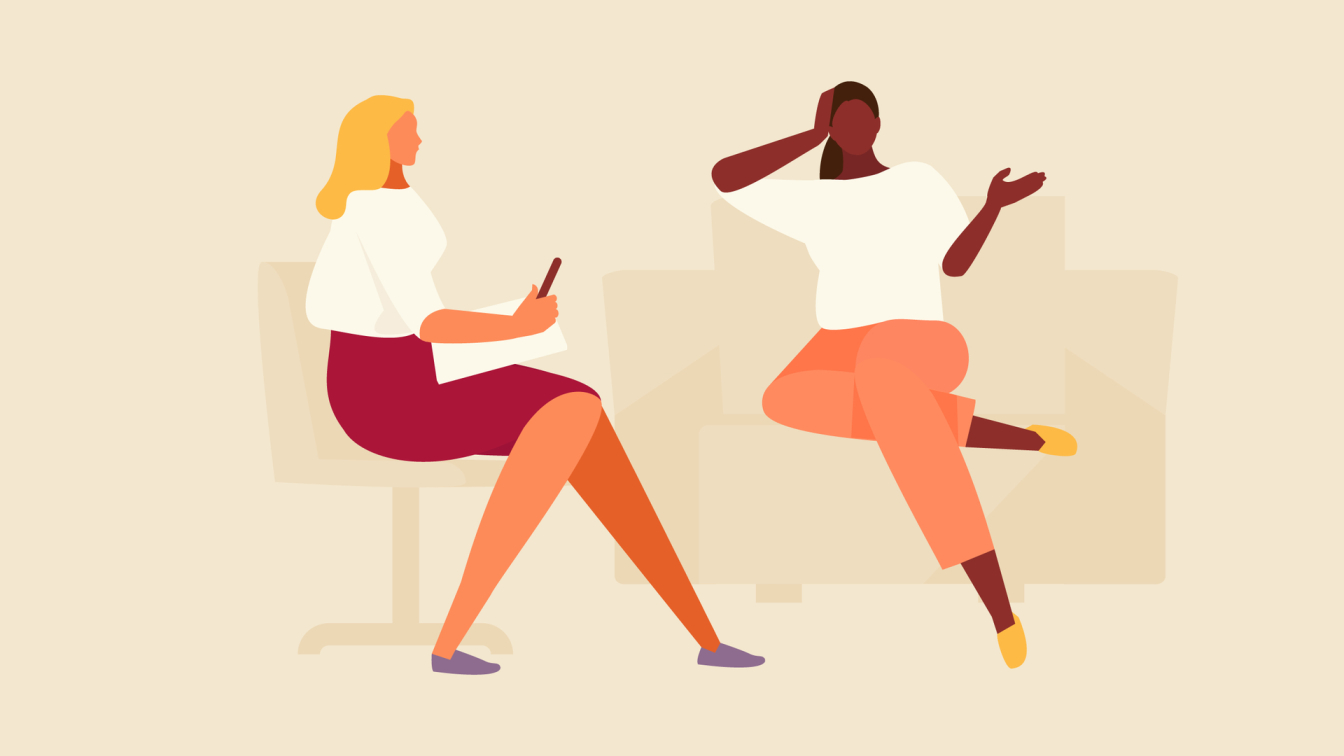 Two women in a therapy session; one listens while the other expresses feelings, highlighting emotional exploration in therapy.