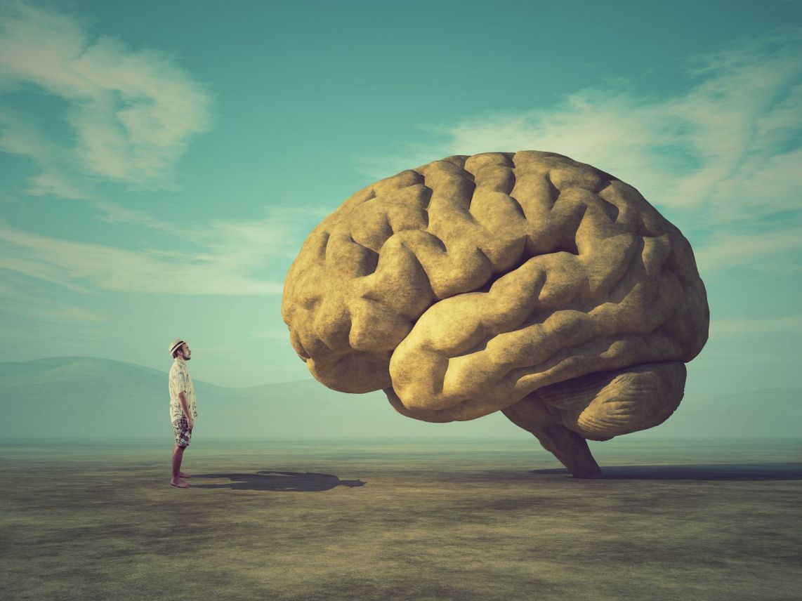 Surreal image of a large, sculpted brain beside a person, symbolizing the exploration of mind and consciousness.