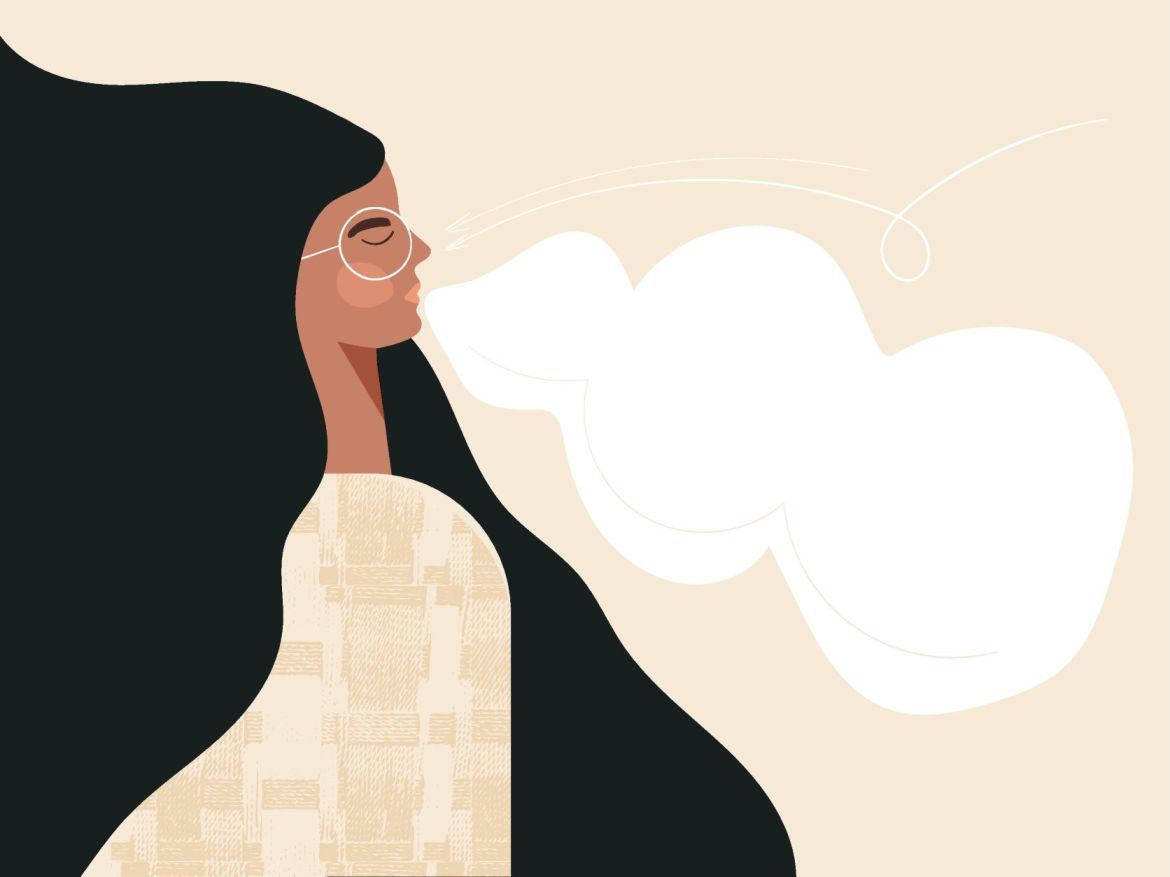 Illustration of a woman with long hair and glasses exhaling, symbolizing contemplation and emotional release in Logotherapy.