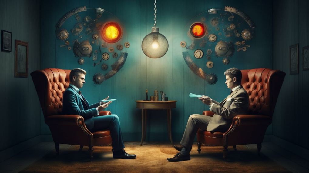 Two men in armchairs, discussing mood stabilizing medications and their mechanisms in a cozy, vintage-inspired room.