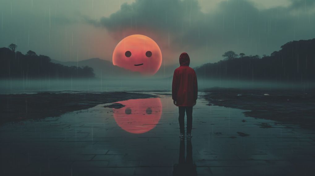 A person in a red raincoat stands by a misty lake, observing a large smiling sun set against a cloudy sky.