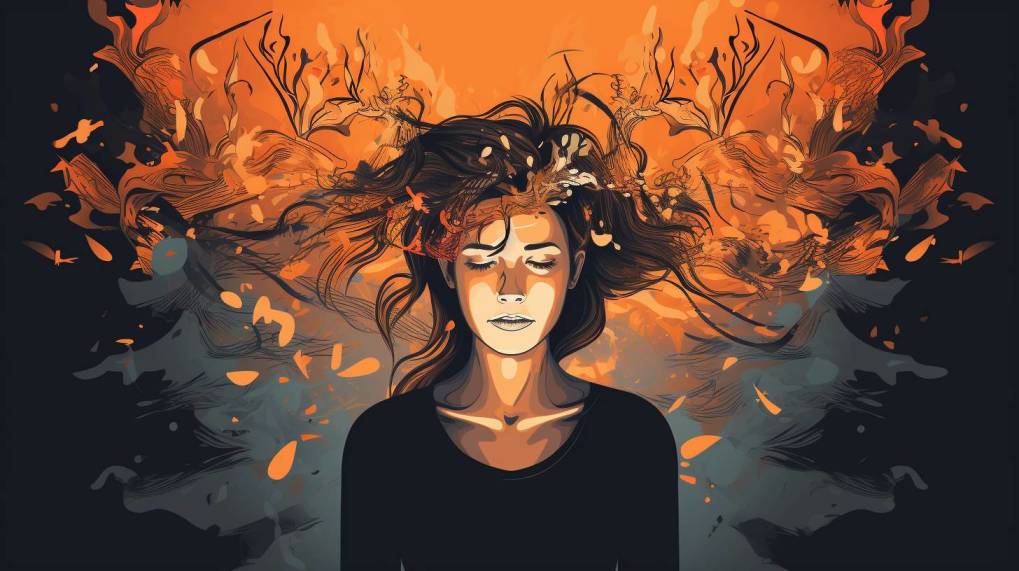 Young woman with closed eyes, surrounded by swirling orange and black patterns, representing emotions and self-reflection.