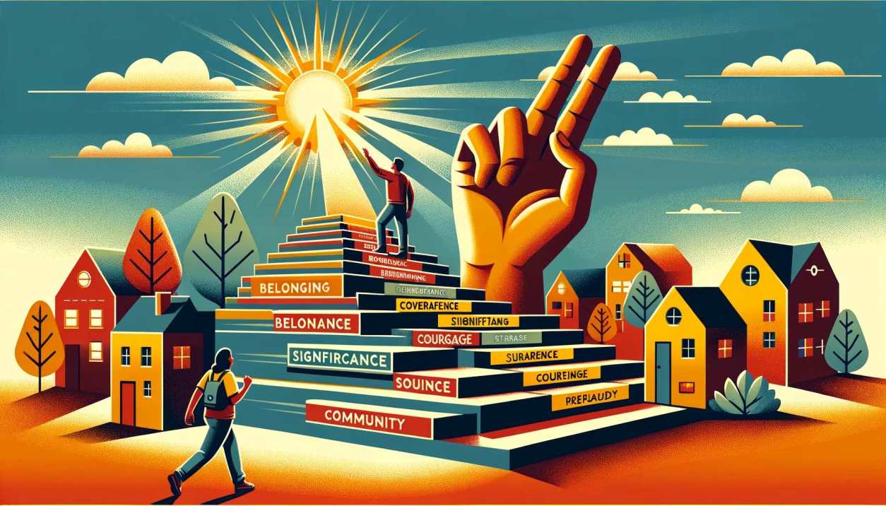 Illustration depicting a figure on steps labeled with concepts like belonging and community, under a radiant sun.