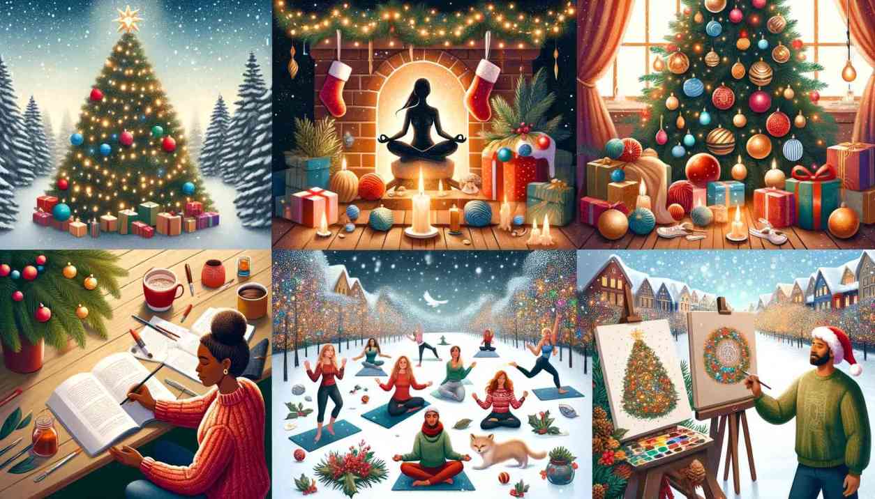 Collage of holiday scenes: decorated trees, cozy moments by the fireplace, winter yoga, and festive art activities.