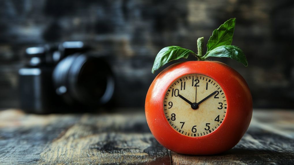 Red tomato-shaped clock with green leaves, symbolizing unique perspectives on time management and creativity in daily life.