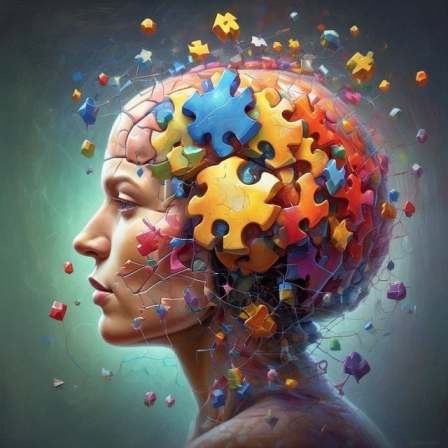 Abstract artwork depicting a human head filled with colorful puzzle pieces, symbolizing ADHD and cognitive complexity.