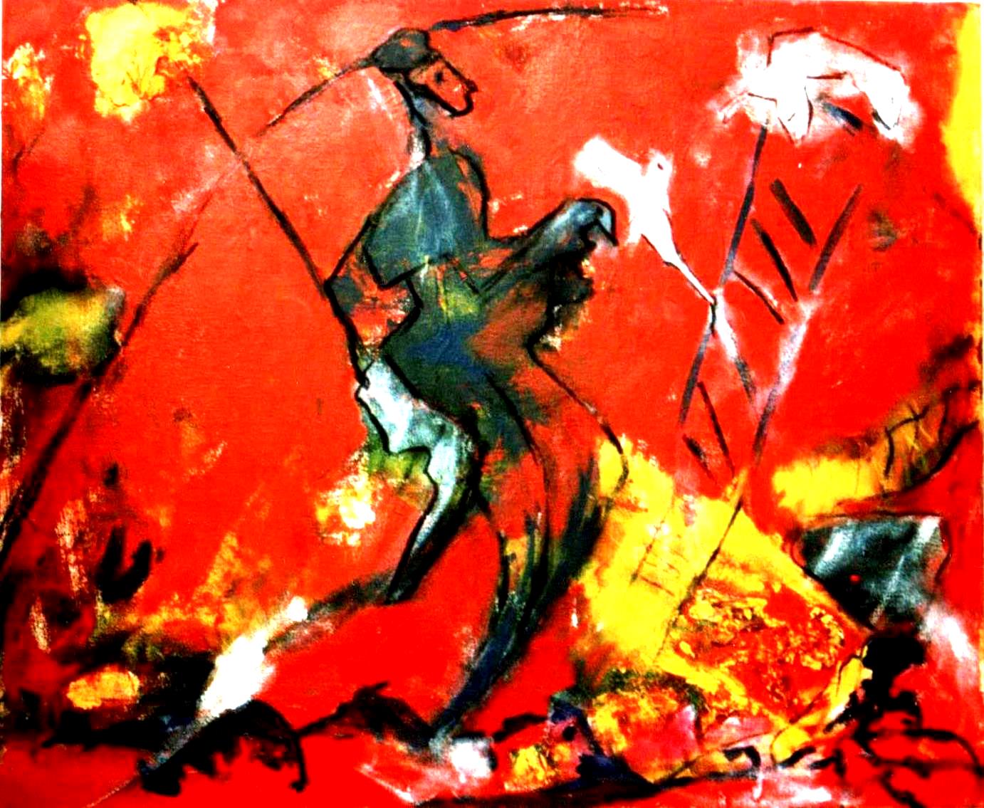 Abstract painting titled Two in One, featuring blended female figures amidst vibrant reds and yellows, symbolizing emotional connection.