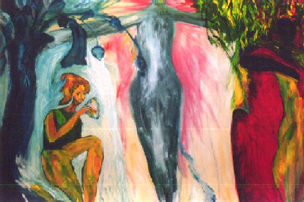 Painting titled Two in One depicting a woman reflecting and blending with another figure amidst vibrant colors and textures.