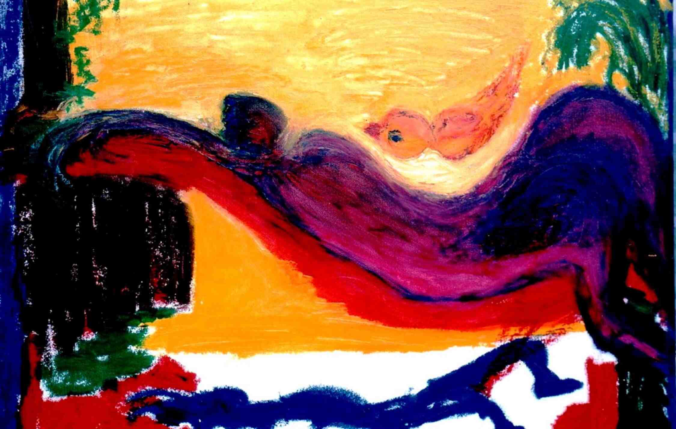 Abstract painting titled Two in One, featuring blending female shapes, vibrant colors, and a subtle dove-like figure.