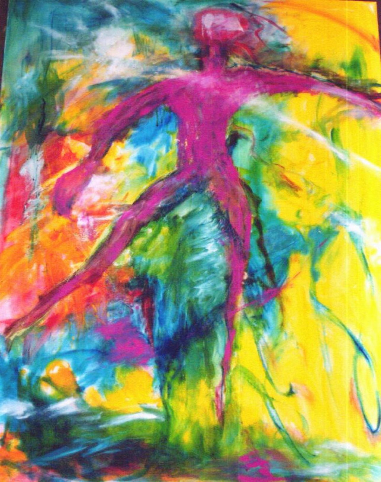 Abstract painting titled Two in One featuring a vibrant, pink figure blending into colorful swirls, symbolizing emotional connection.