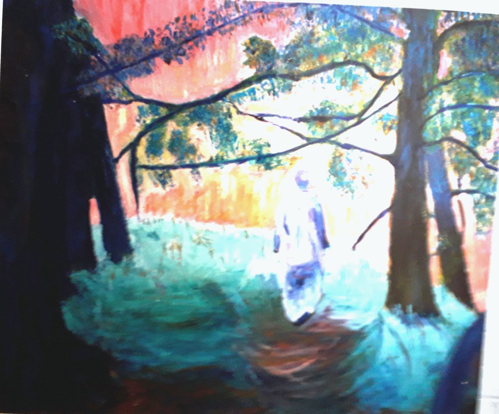 A ghostly figure walks along a path surrounded by vibrant trees and a colorful sky, reflecting introspection and transformation.
