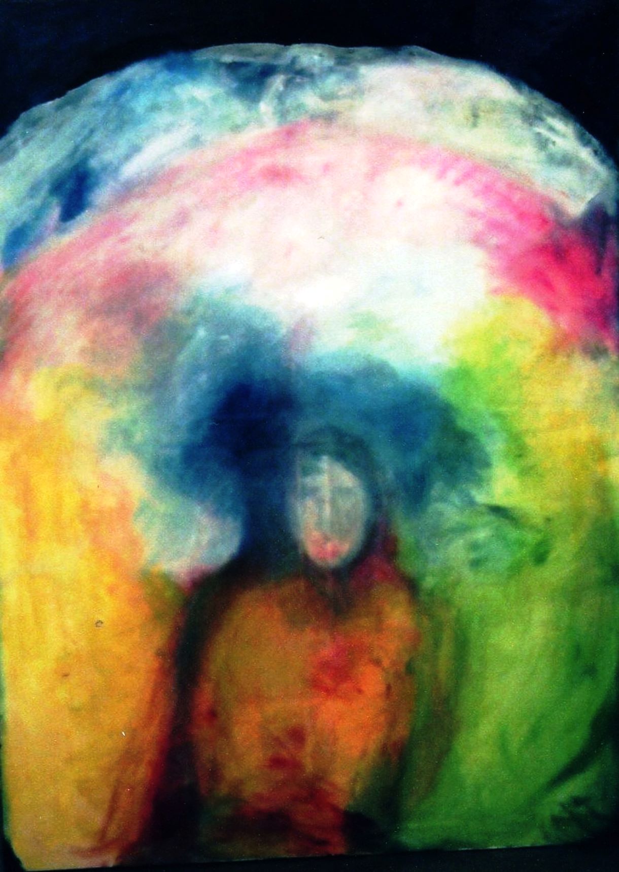 Abstract painting featuring blended colors and indistinct female figures, reflecting emotional themes of identity and connection.