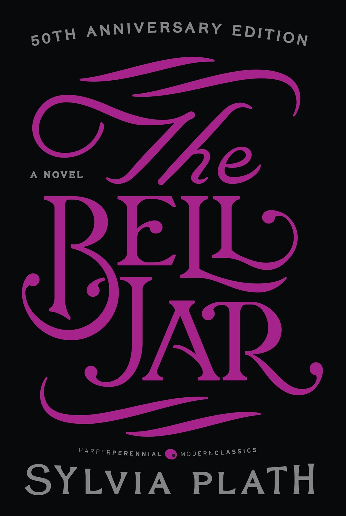 Cover of The Bell Jar by Sylvia Plath, featuring stylish lettering and a dark background, highlighting themes of mental health.
