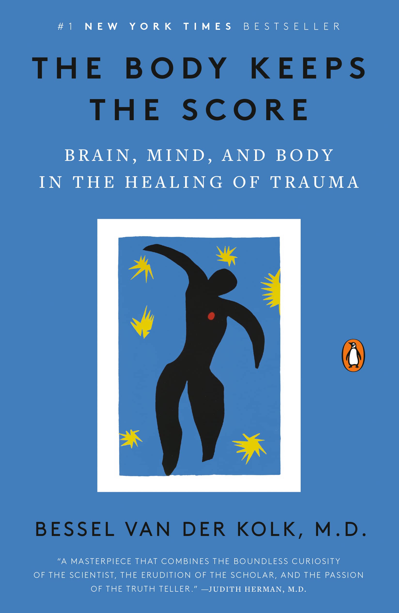 Book cover of The Body Keeps the Score by Bessel van der Kolk, focusing on trauma's impact on brain and body health.