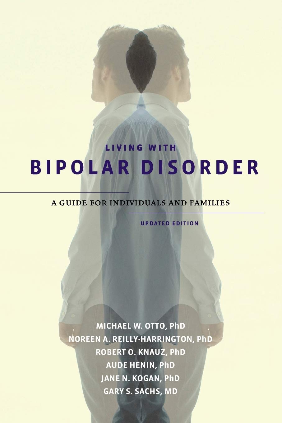 Book cover titled Living with Bipolar Disorder: A Guide for Individuals and Families featuring a blurred figure in a white shirt.
