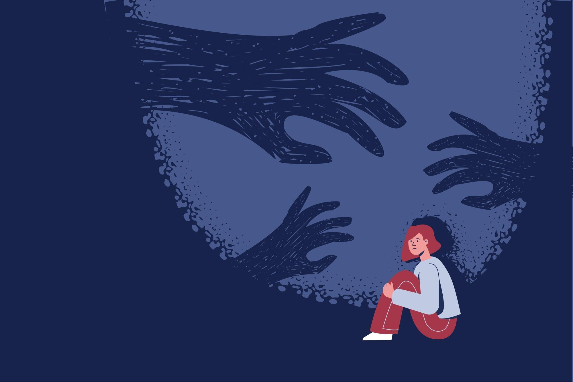 illustration of a person feeling traumatised or trapped, with multiple shadowy hands