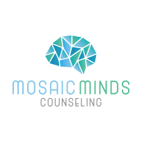 Logo of Mosaic Minds Counseling featuring a stylized brain composed of geometric shapes in blue and green tones.