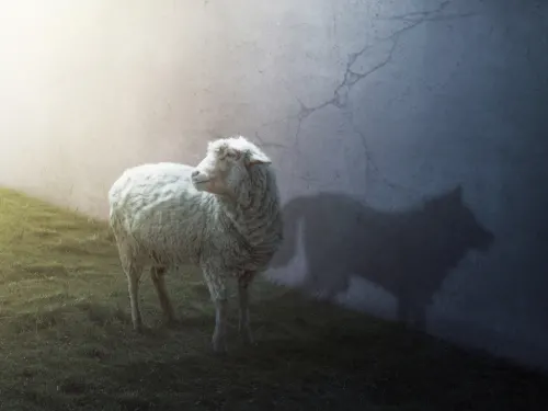 White sheep standing on grass with a shadow of a wolf projected on a wall, symbolizing contrasting themes in psychoanalysis.