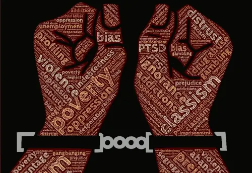 Fists bound together with words like poverty, classism, and bias, symbolizing social challenges and mental health themes.