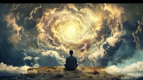 Person sitting peacefully on the ground, gazing at a swirling sky illuminated by a bright, central light.