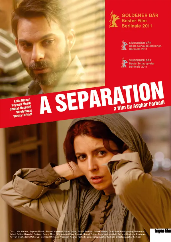 Alt text: Movie poster for 'A Separation' by Asghar Farhadi featuring two main characters and award details.
