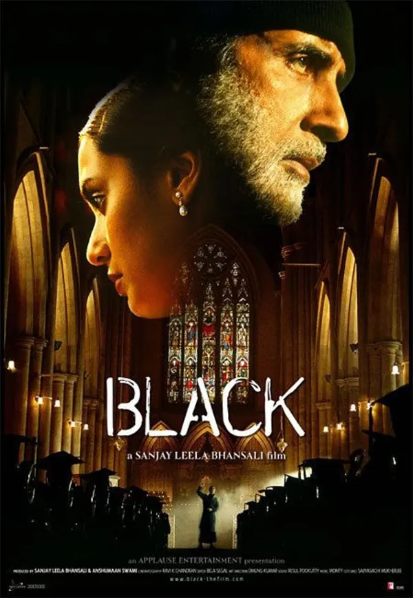 Movie poster for Black, featuring a young woman and an older man in a dimly lit church, exploring themes of memory and identity.