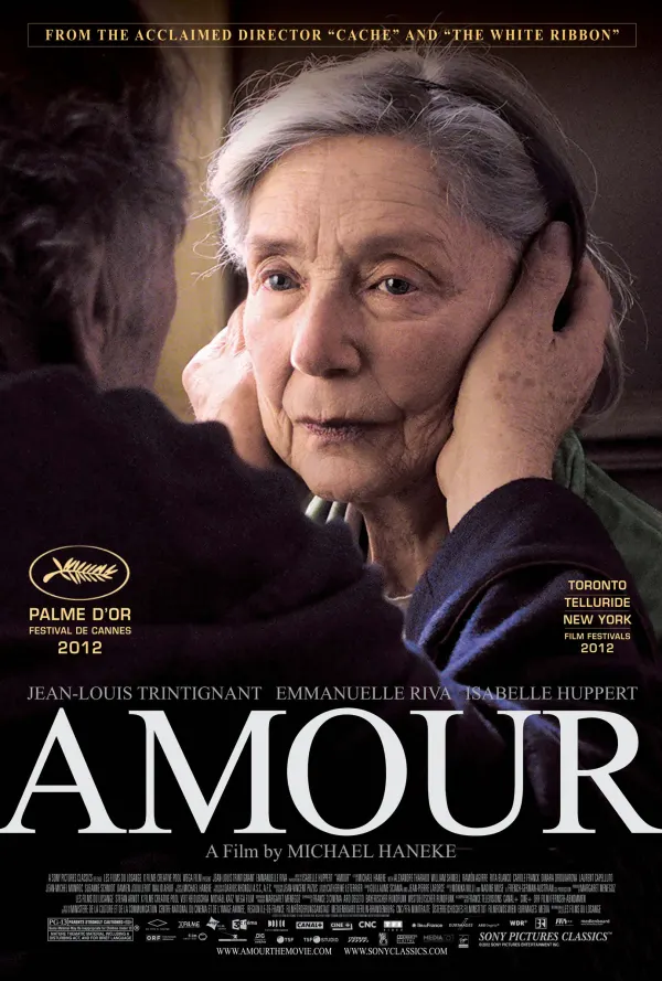 Film poster for Amour, depicting an elderly woman gently holding hands with a man, reflecting themes of Alzheimer’s and emotional connection.