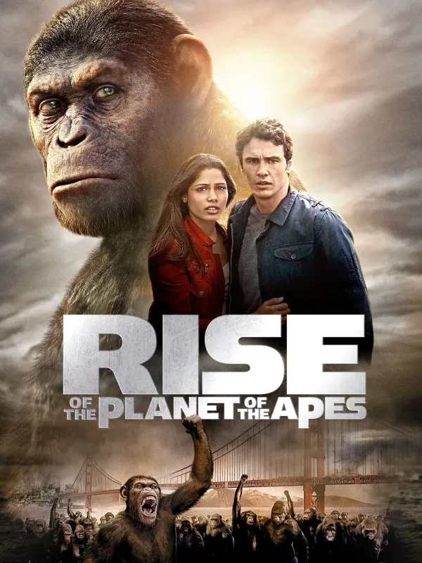 Movie poster for 'Rise of the Planet of the Apes' featuring a gorilla, a woman in a red jacket, and a man in a blue coat.