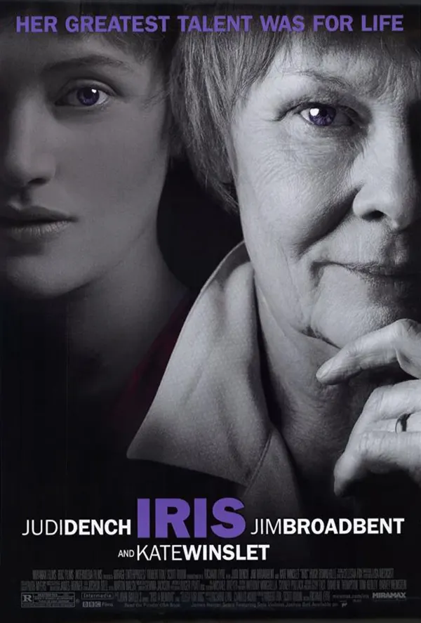 Film poster for Iris, featuring Judi Dench and Kate Winslet, focusing on the life and struggles with Alzheimer’s disease.