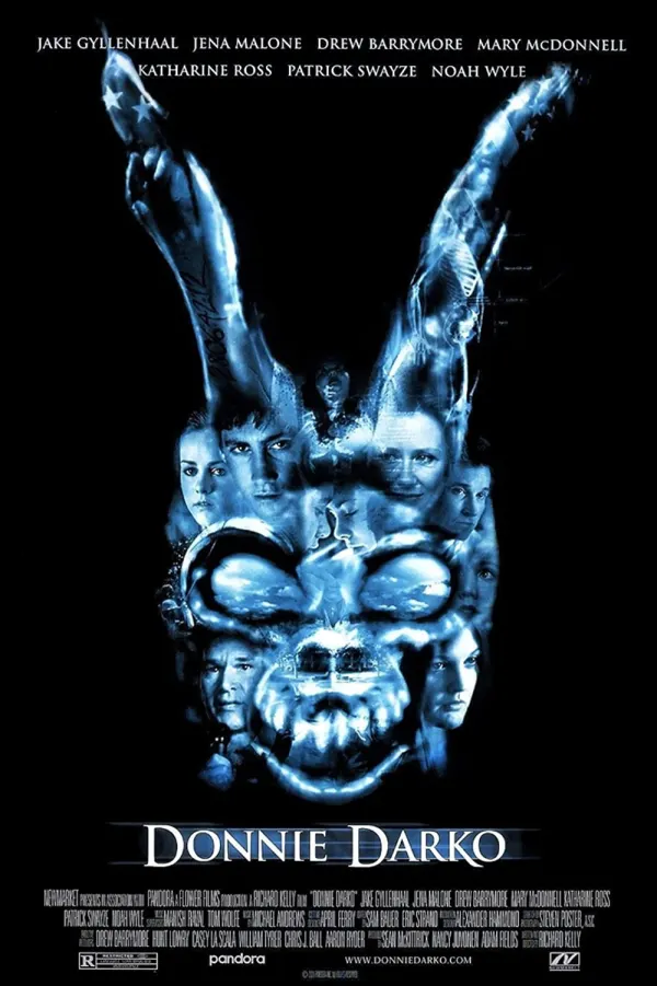 Alt text: Donnie Darko movie poster featuring a young man, a mysterious rabbit figure, and key character faces.