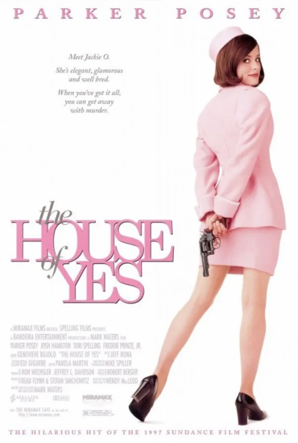 Movie poster for The House of Yes, featuring Parker Posey in a pink outfit with a gun, highlighting themes of delusion and glamour.
