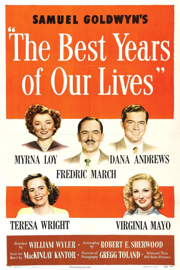 Alt text: Poster for 'The Best Years of Our Lives' featuring Myrna Loy, Fredric March, and Teresa Wright, addressing PTSD themes.