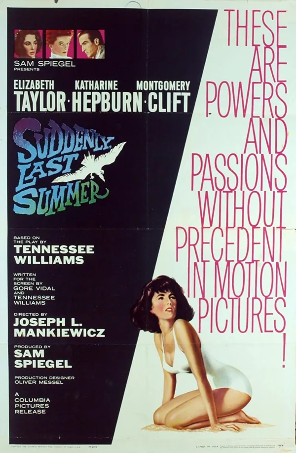 Alt text: Movie poster for 'Suddenly, Last Summer,' featuring actress Elizabeth Taylor and the tagline about unprecedented powers.
