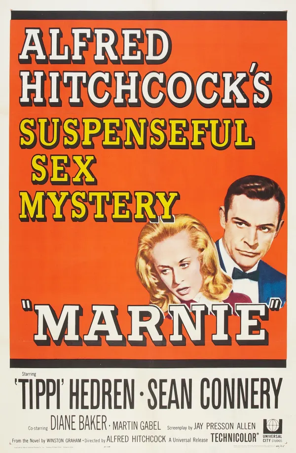 Alt text: Movie poster for Alfred Hitchcock's 'Marnie,' featuring Tippi Hedren and Sean Connery, showcasing themes of mystery and psychological tension.