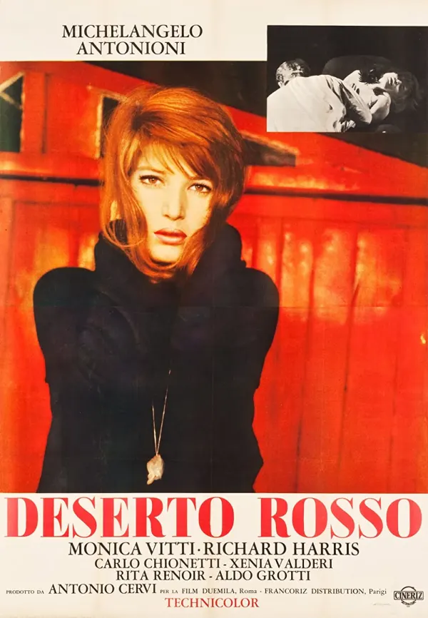 Alt text: Vintage movie poster for 'Deserto Rosso' featuring Monica Vitti against a red background, highlighting themes of isolation.