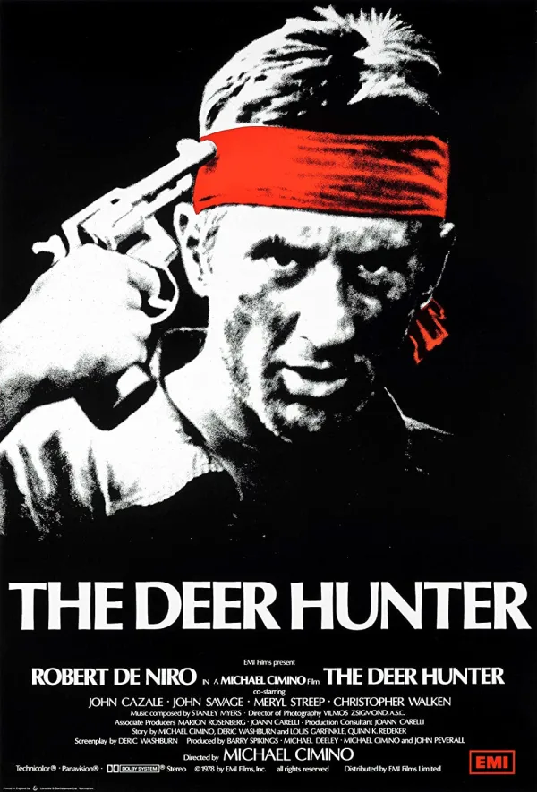 Alt text: The Deer Hunter film poster featuring a distressed soldier pointing a gun to his head, exploring PTSD themes.