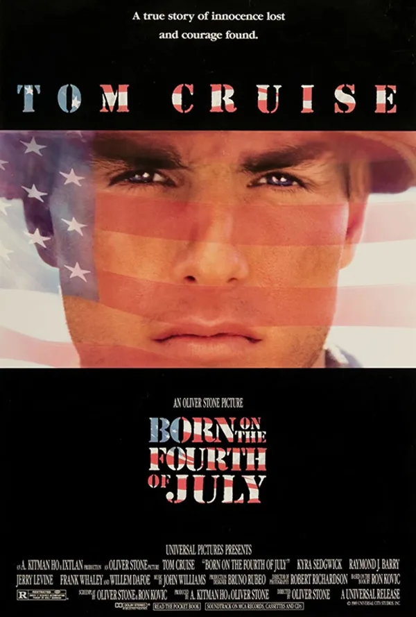 Alt text: Movie poster for 'Born on the Fourth of July,' featuring Tom Cruise with an American flag overlay, addressing PTSD themes.