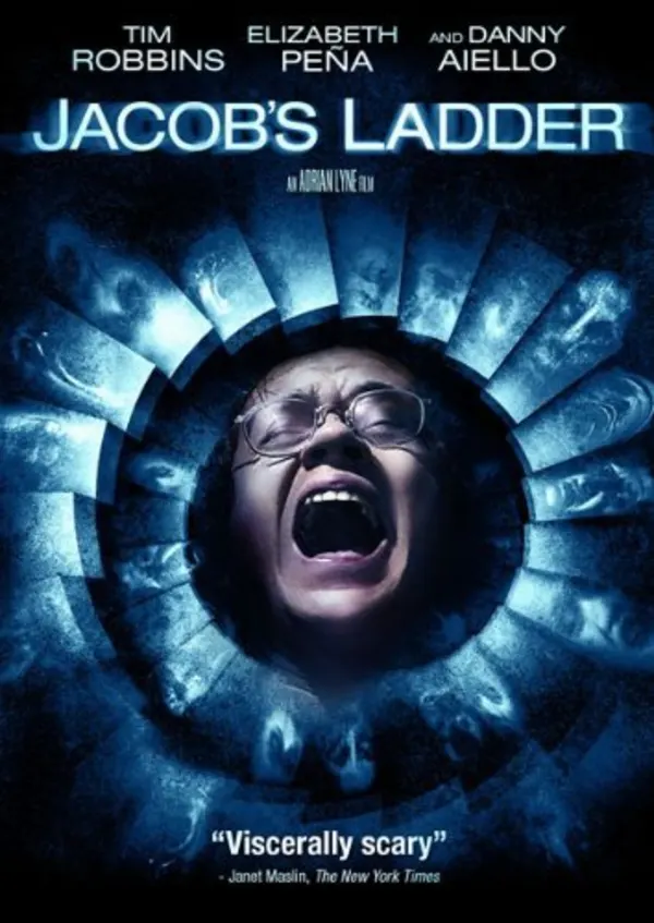 Jacob's Ladder film poster featuring a distressed man surrounded by a circular pattern, highlighting themes of PTSD and trauma.