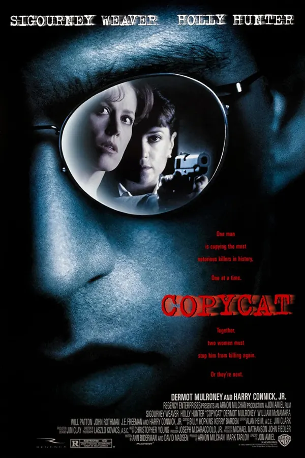 Alt text: Movie poster for 'Copycat' featuring Sigourney Weaver and Holly Hunter, highlighting themes of crime and psychological drama.