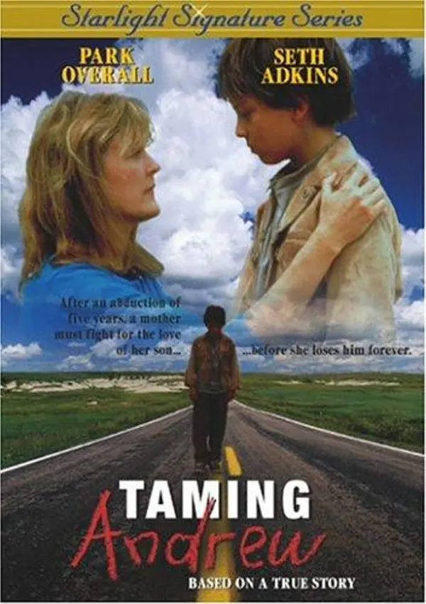 Movie poster for 'Taming Andrew,' depicting a mother and son with gripping text about a five-year abduction struggle.