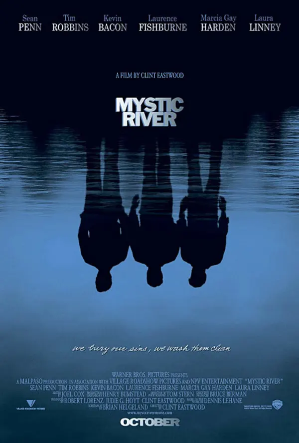 Alt text: Mystic River movie poster featuring main characters silhouetted against a water background and the tagline on the bottom.