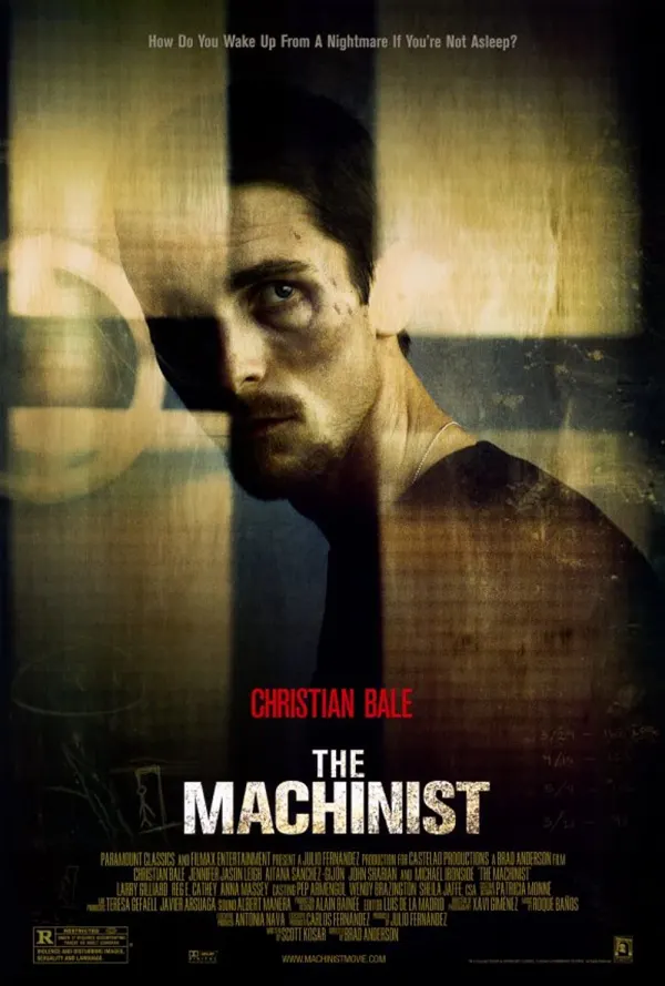 Alt text: Movie poster for 'The Machinist' featuring Christian Bale's intense expression, highlighting themes of insomnia and trauma.
