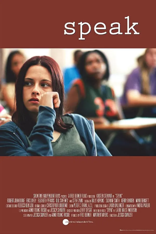 Alt text: Film poster for 'Speak' featuring a girl looking pensive in a classroom, depicting themes of trauma and recovery.