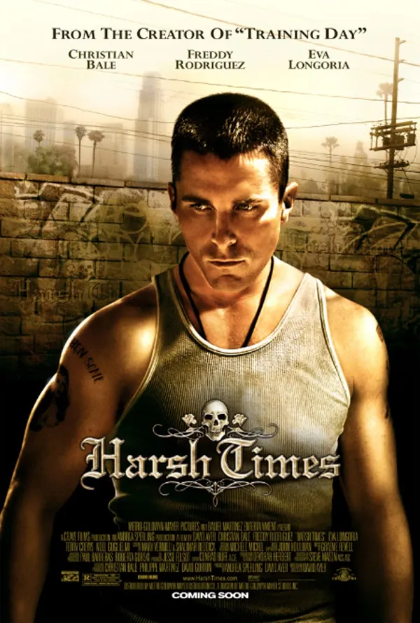 Alt text: Harsh Times movie poster featuring Christian Bale, showcasing themes of trauma and life challenges in urban settings.