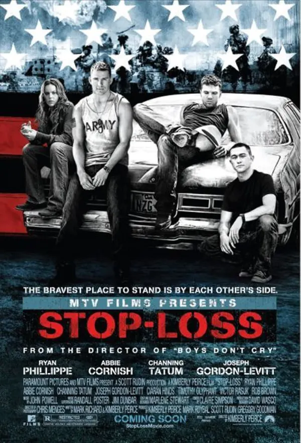 Alt text: Movie poster for 'Stop-Loss' featuring soldiers, highlighting the impact of military service on mental health.