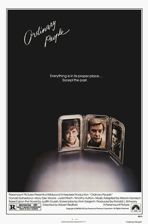 Alt text: Movie poster for 'Ordinary People' showing three faces in a frame, with the tagline 'Everything is in its proper place... Except the past.'