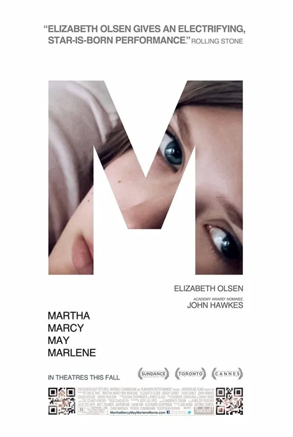 Alt text: Movie poster for 'Martha Marcy May Marlene' featuring Elizabeth Olsen's close-up, highlighting themes of trauma and identity.