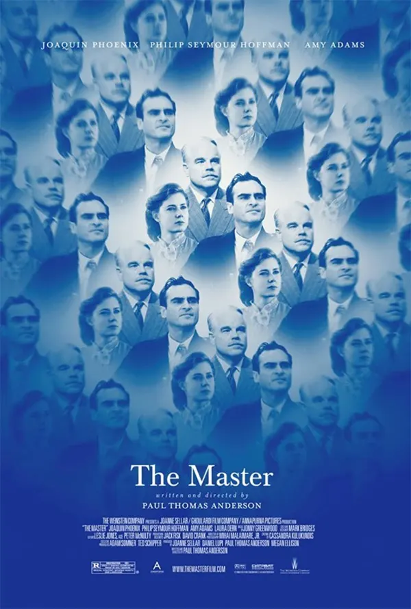 Movie poster for The Master, featuring Joaquin Phoenix, Philip Seymour Hoffman, and Amy Adams against a blue backdrop.