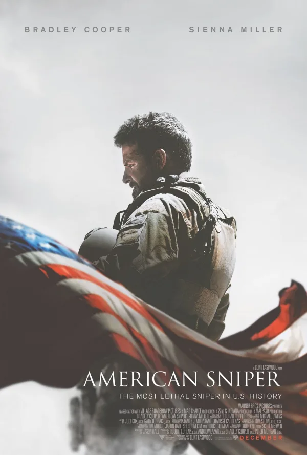 Poster for American Sniper, featuring Bradley Cooper against a backdrop of an American flag, highlighting themes of war and PTSD.